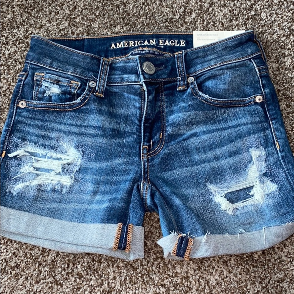American Eagle Outfitters Women's Distressed Dark Blue Denim Shorts
